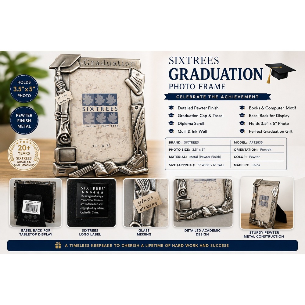 SixTrees Graduation Photo Frame Pewter Finish Metal 3.5x5 AF12835 Academic Motif